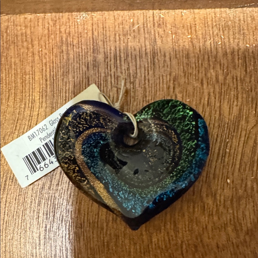 Artisan Glass Heart Pendant with Blue, Green, and Gold Swirls